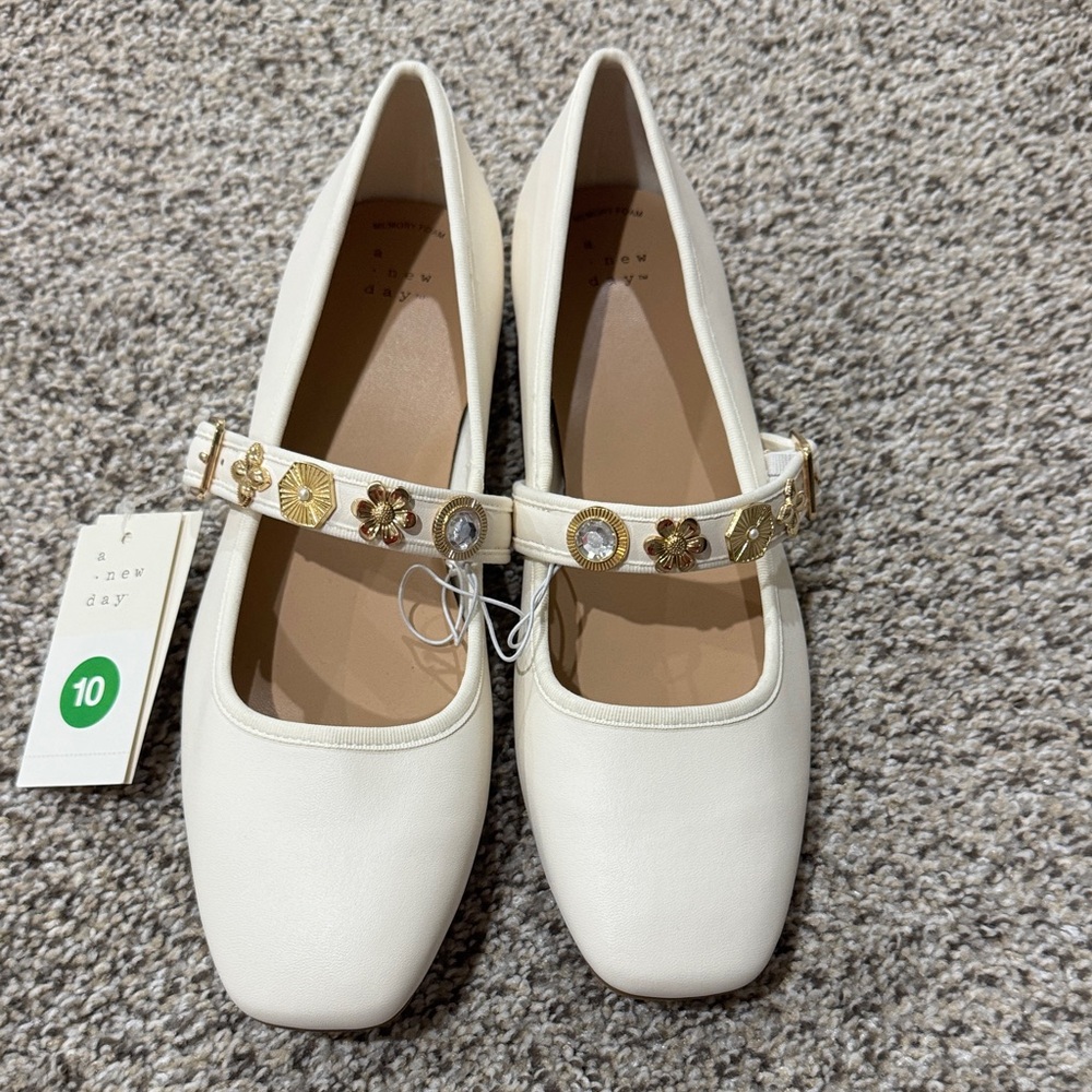 a new day Ivory Mary Jane Flats with Gold Floral Embellished Strap